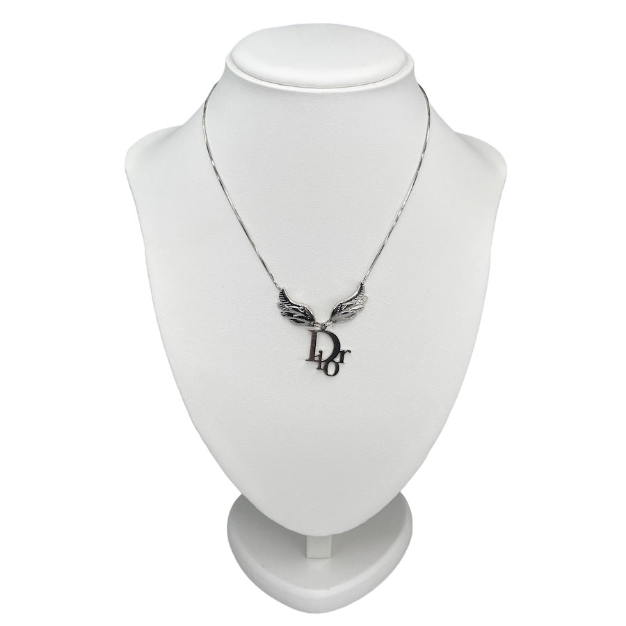 DIOR OBLIQUE LOGO & WINGS PENDANT SILVER-PLATED NECKLACE