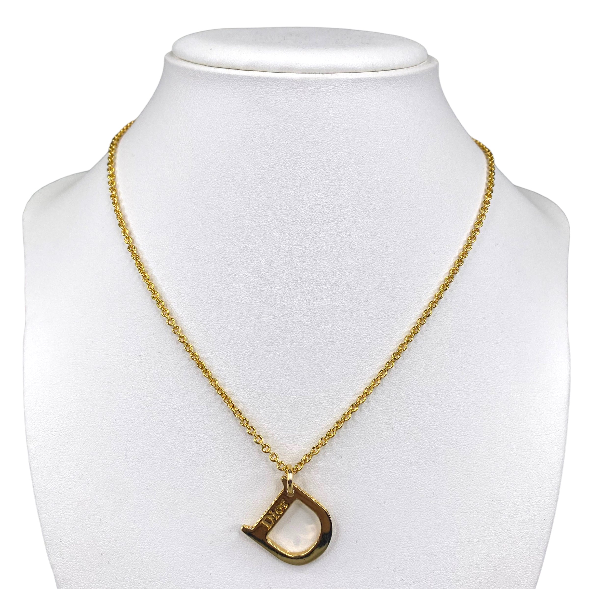 DIOR D WITH RHINESTONES BORDER GOLD PLATED NECKLACE