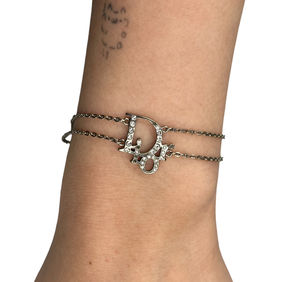 DIOR DOUBLE CHAIN OBLIQUE LOGO BRACELET - SILVER PLATED