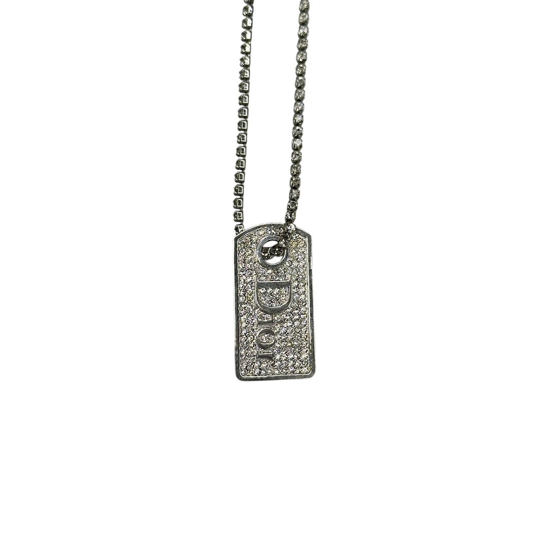 DIOR RHINESTONE TAG NECKLACE