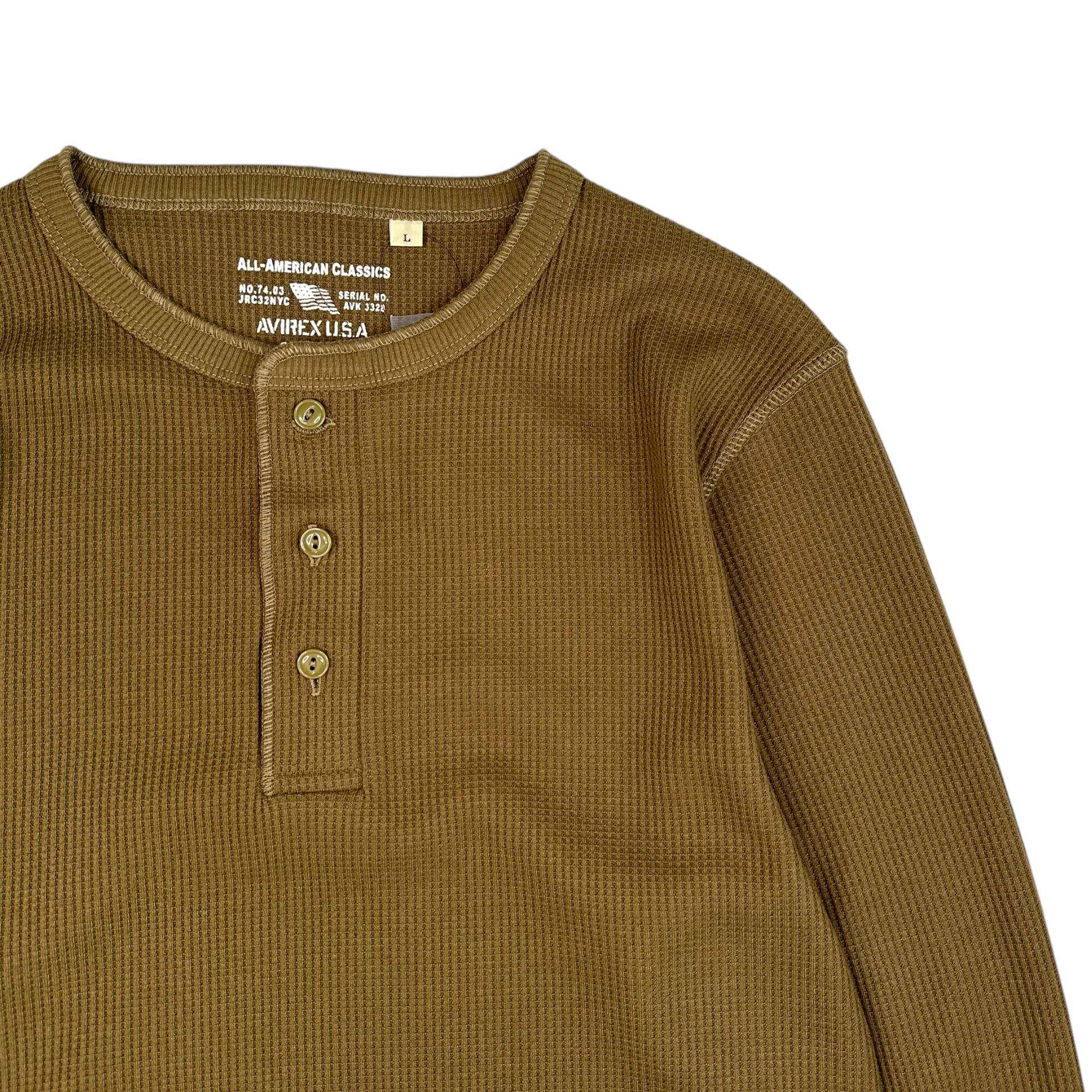 (NEW) AVIREX WAFFLE HENLEY LONG SLEEVE TOP - OLIVE