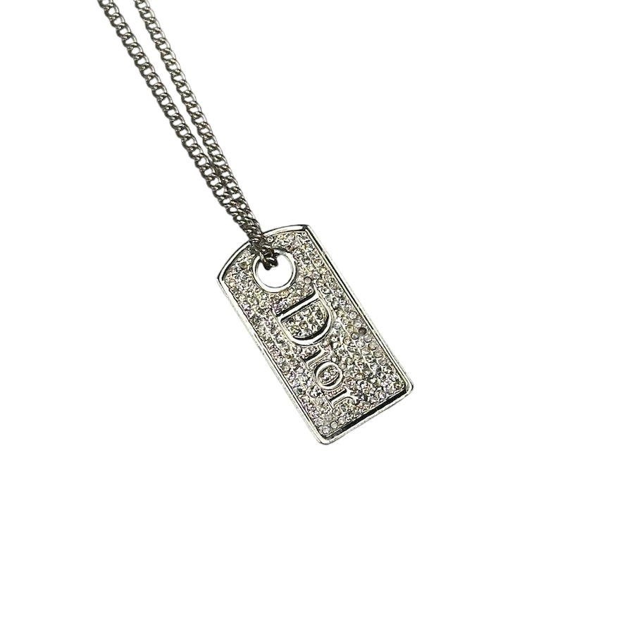 DIOR RHINESTONE SPELLOUT TAG NECKLACE - SILVER PLATED