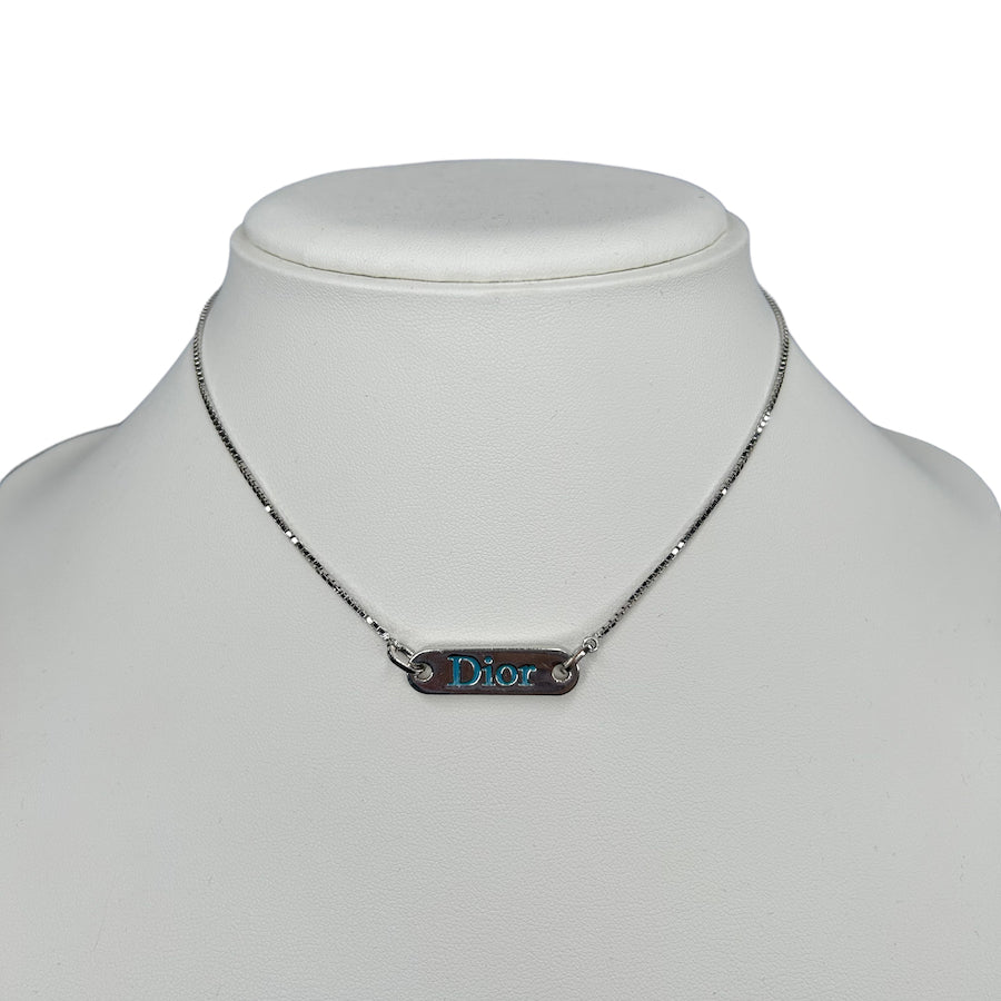 DIOR SILVER/BLUE LOGO PLATE NECKLACE