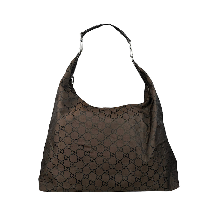 GUCCI BROWN GG NYLON & LEATHER LARGE SHOULDER BAG