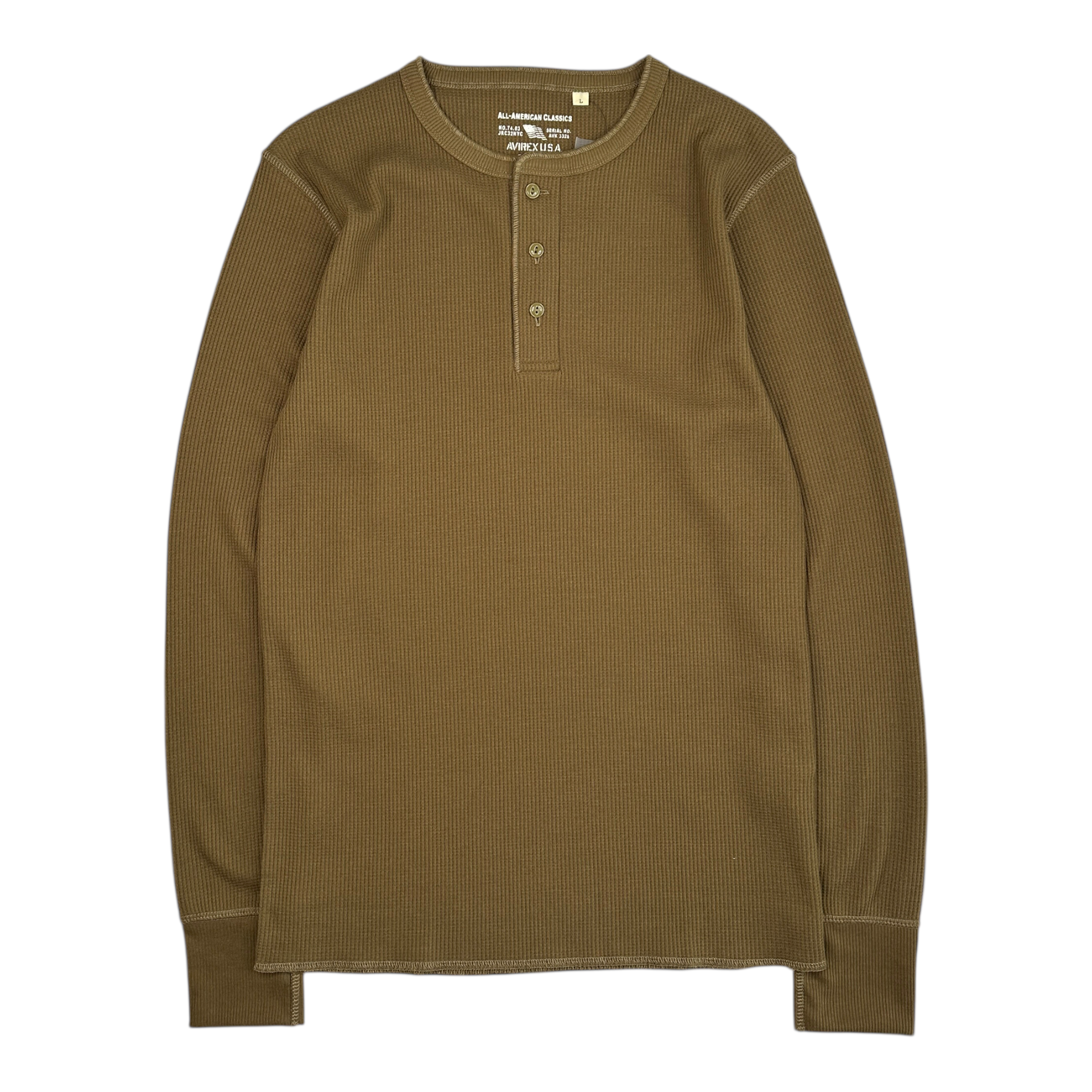 (NEW) AVIREX WAFFLE HENLEY LONG SLEEVE TOP - OLIVE