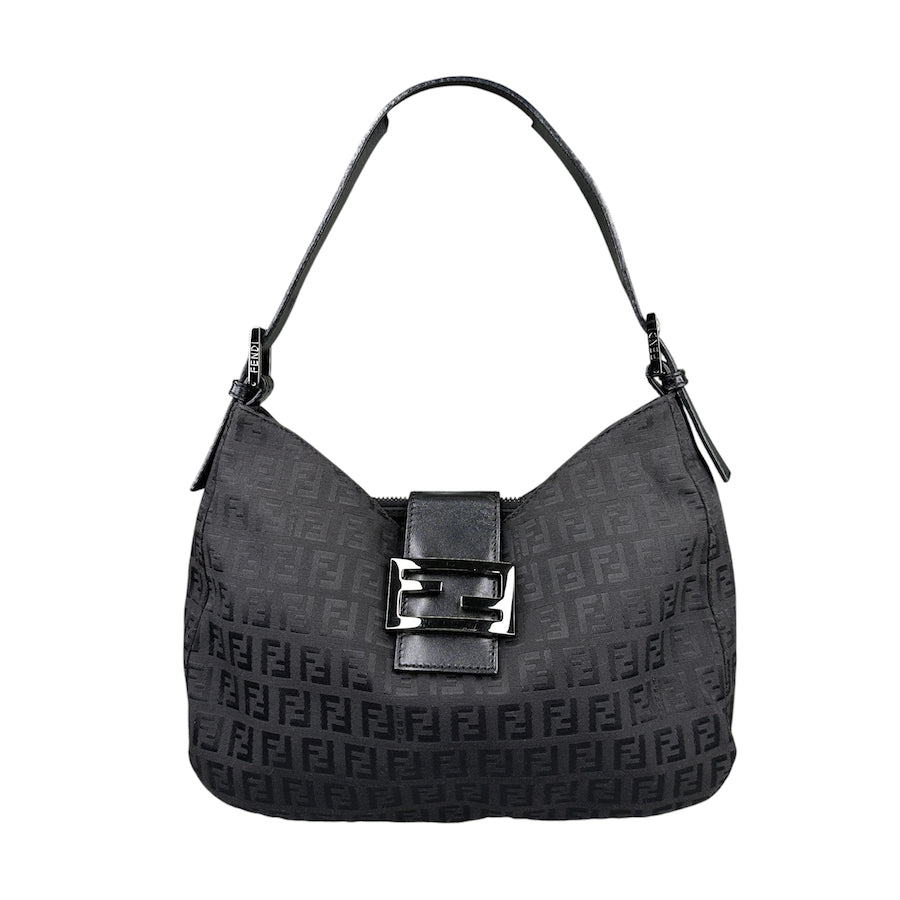 FENDI BLACK ZUCCHINO CANVAS FF HOBO SHOULDER BAG