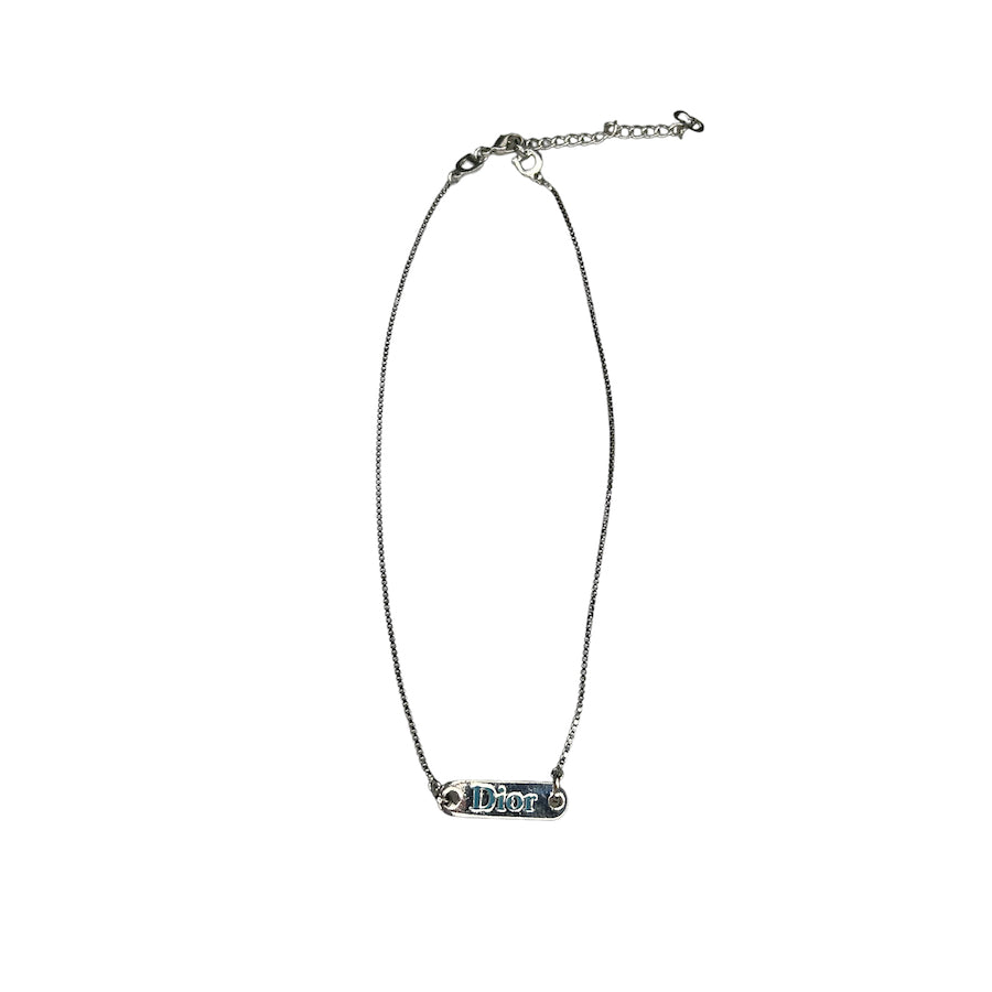 DIOR SILVER/BLUE LOGO PLATE NECKLACE