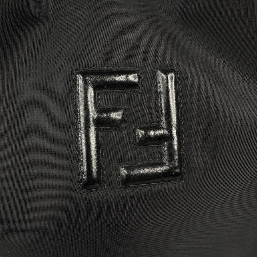 FENDI BLACK NYLON LEATHER LOGO LARGE SHOULDER BAG