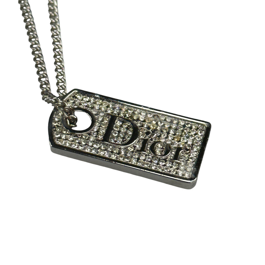 DIOR RHINESTONE SPELLOUT TAG NECKLACE - SILVER PLATED