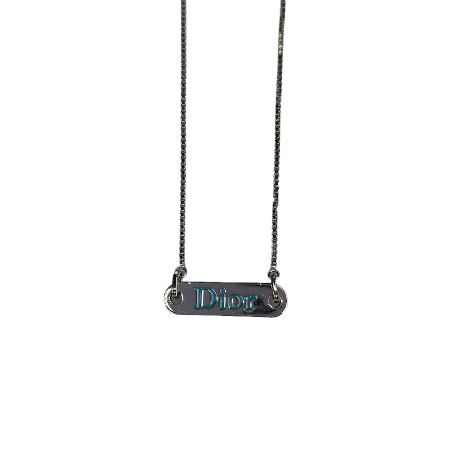 DIOR SILVER/BLUE LOGO PLATE NECKLACE