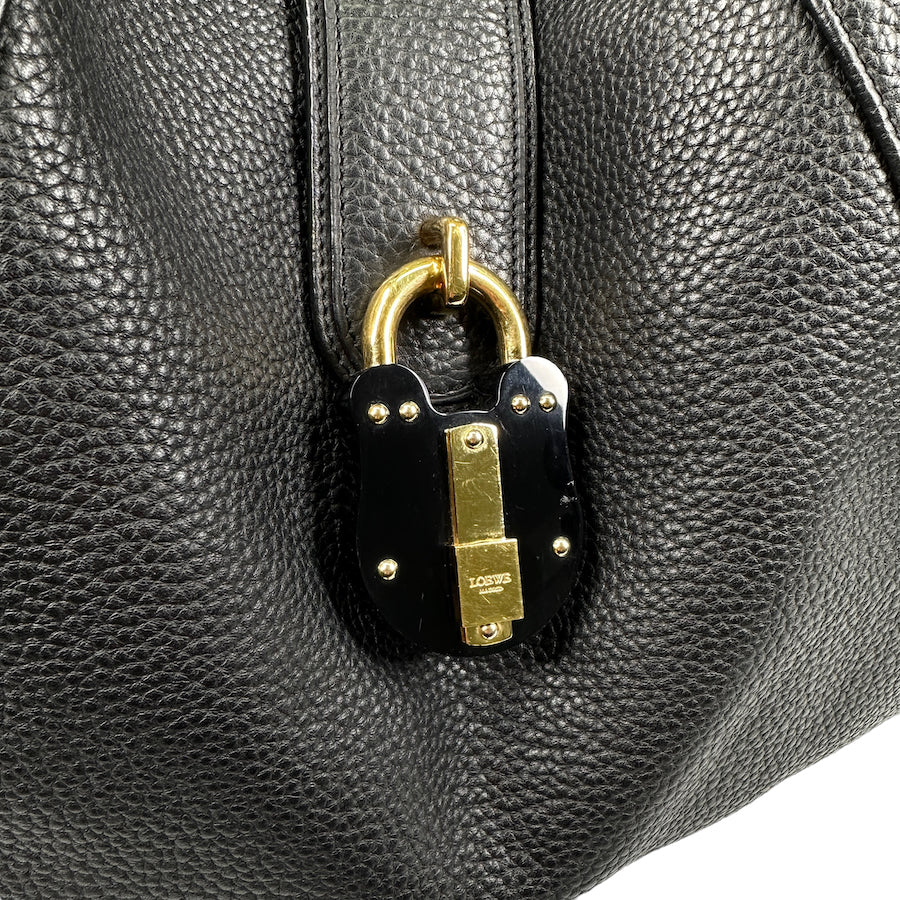 LOEWE BLACK PEBBLED LEATHER LARGE SHOULDER BAG W/ PADLOCK