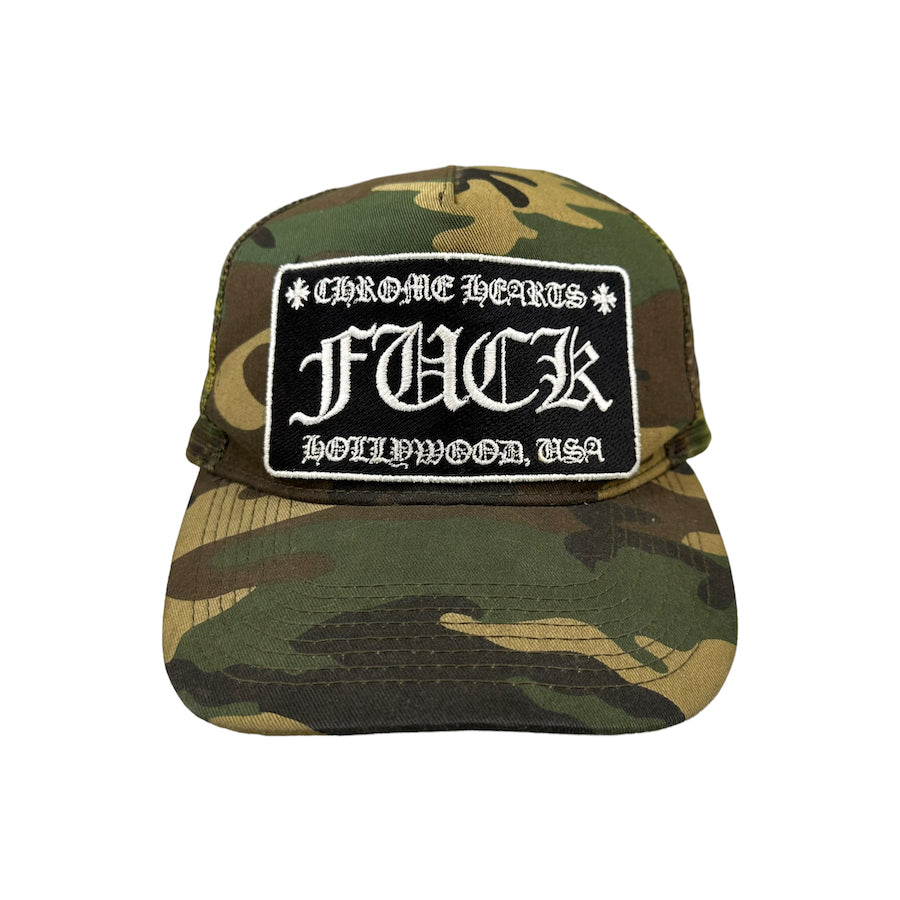 CHROME HEARTS HOLLYWOOD F*CK CAMO TRUCKER HAT