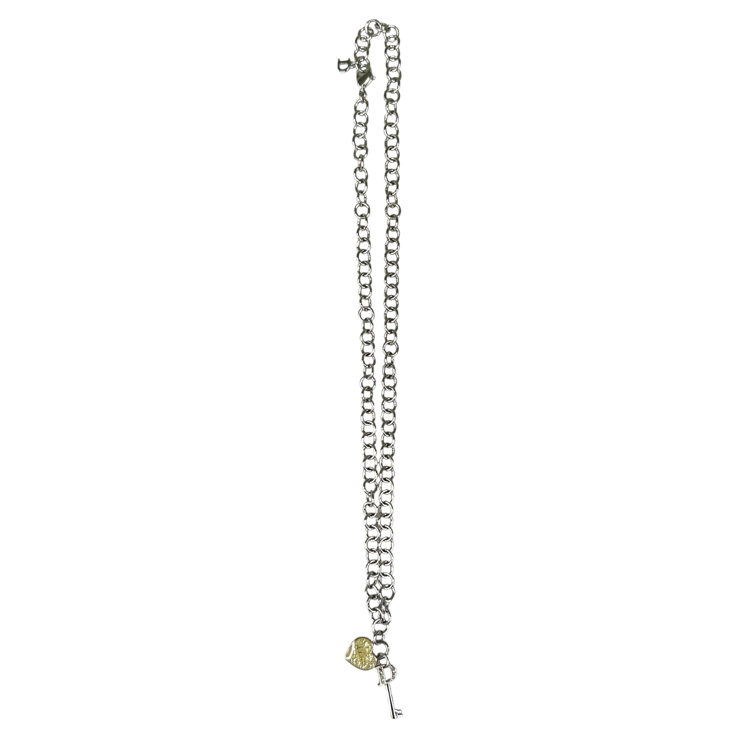 DIOR HEART AND KEY RHINESTONE SILVER-PLATED NECKLACE