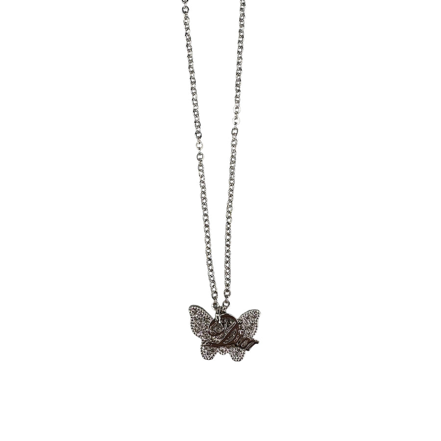 DIOR SILVER GLITTER BUTTERFLY AND SPELLOUT NECKLACE