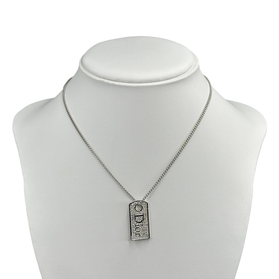 DIOR RHINESTONE SPELLOUT TAG NECKLACE - SILVER PLATED