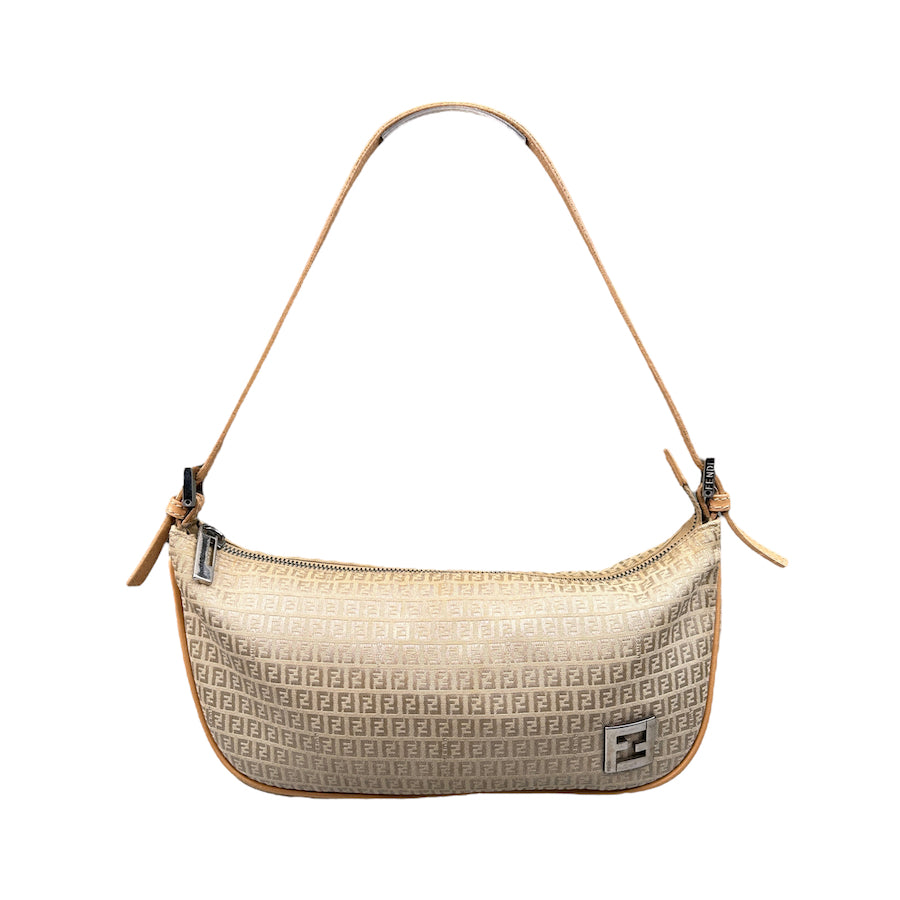 FENDI NANO ZUCCHINO CANVAS SHOULDER BAG - BEIGE CANVAS / TAN LEATHER