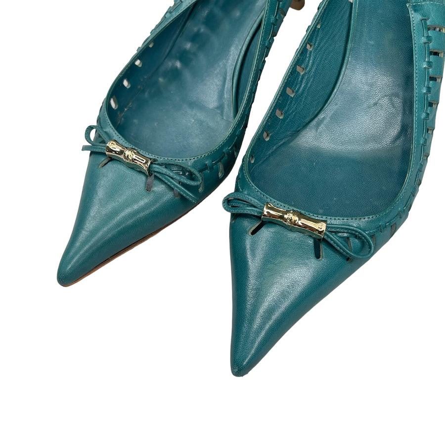 GUCCI TURQUOISE POINT TOE BAMBOO HEELS