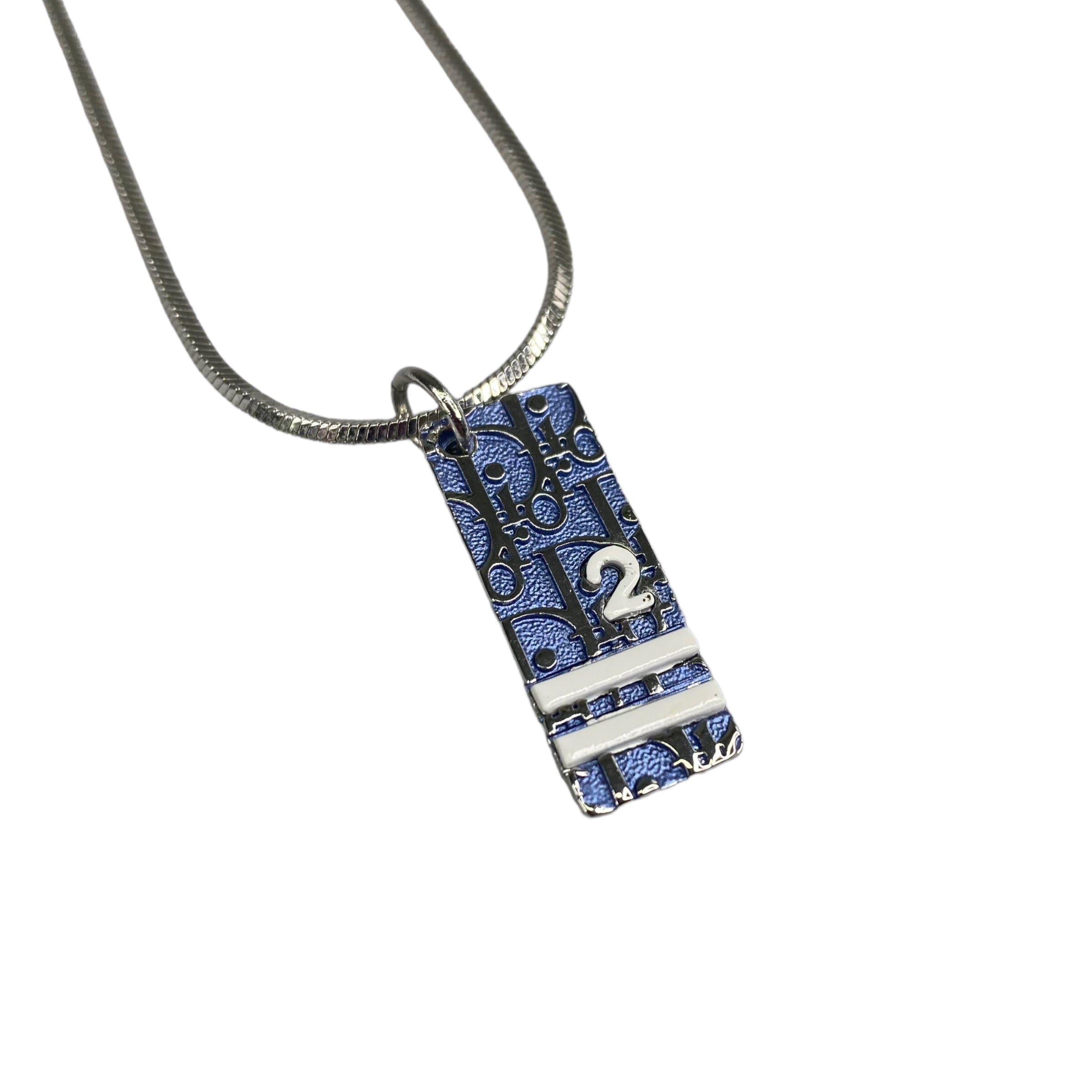 DIOR BLUE TROTTER PLATE SILVER PLATED NECKLACE