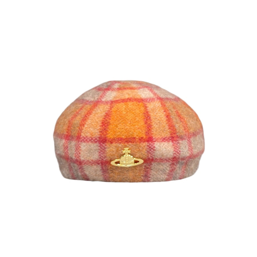 VIVIENNE WESTWOOD ORANGE PLAID FLEECE BERET