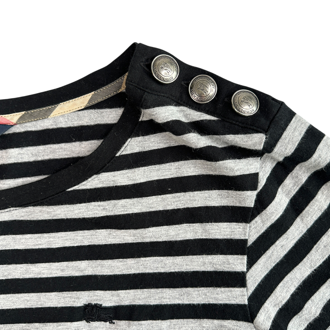 (1) BURBERRY BLACK LABEL STRIPED 3/4 SLEEVE TOP - GREY/BLACK