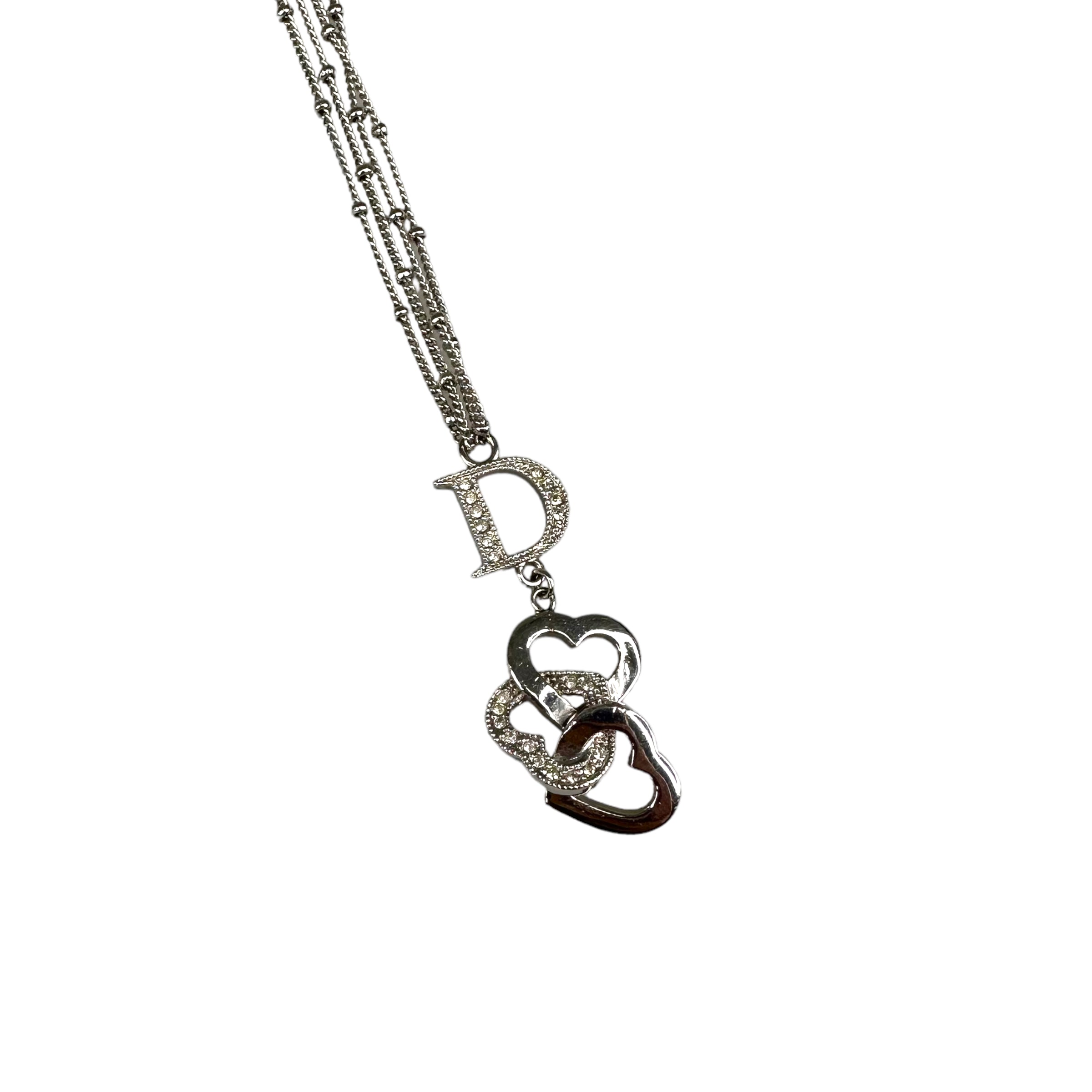 DIOR RHINESTONE "D" AND INTERLOCKED HEARTS SILVER-PLATED NECKLACE