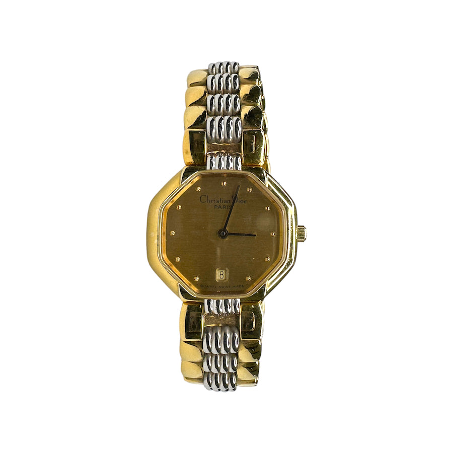 DIOR VINTAGE TWO-TONE SMALL OCTAGONAL QUARTZ WATCH (GOLD FACE)