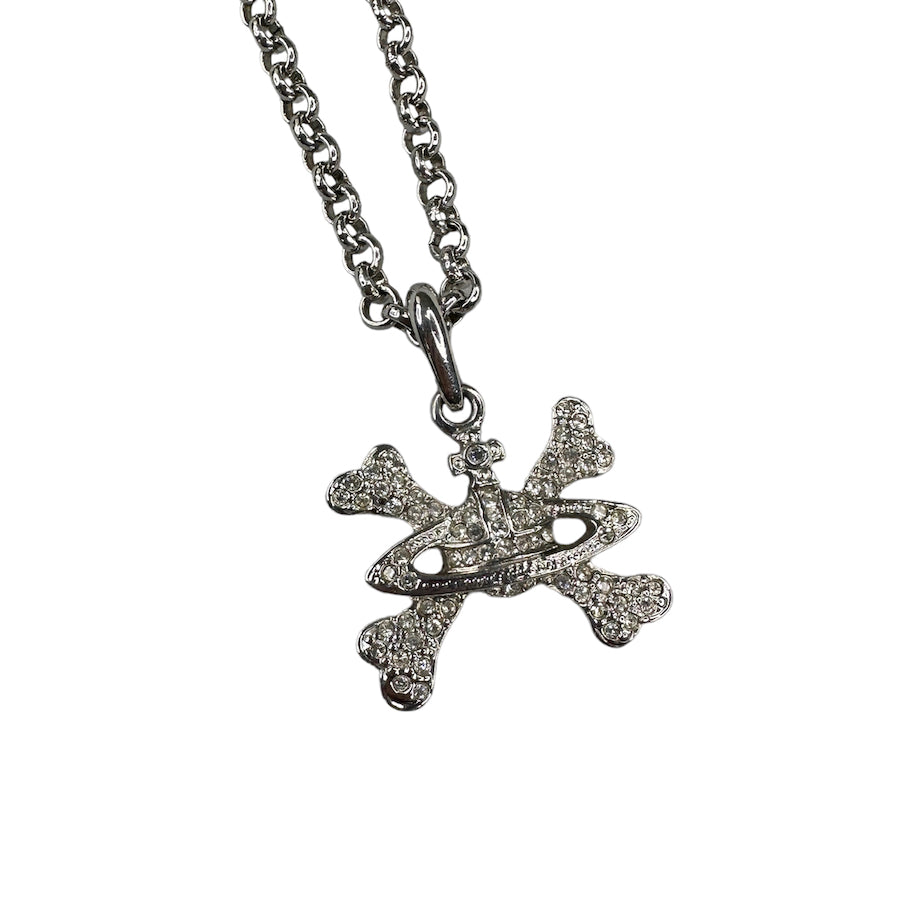 VIVIENNE WESTWOOD ORB & CROSSBONE RHINESTONE PENDANT NECKLACE - SILVER PLATED