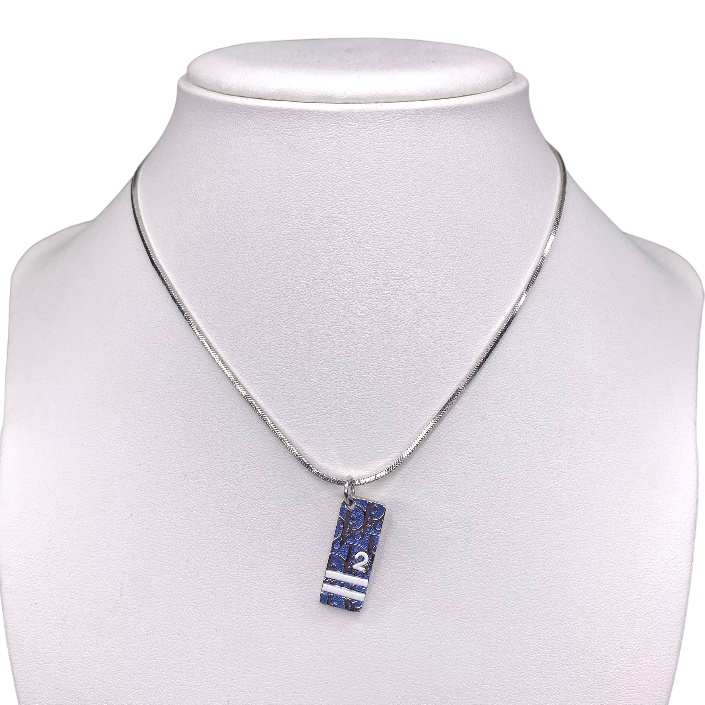 DIOR BLUE TROTTER PLATE SILVER PLATED NECKLACE