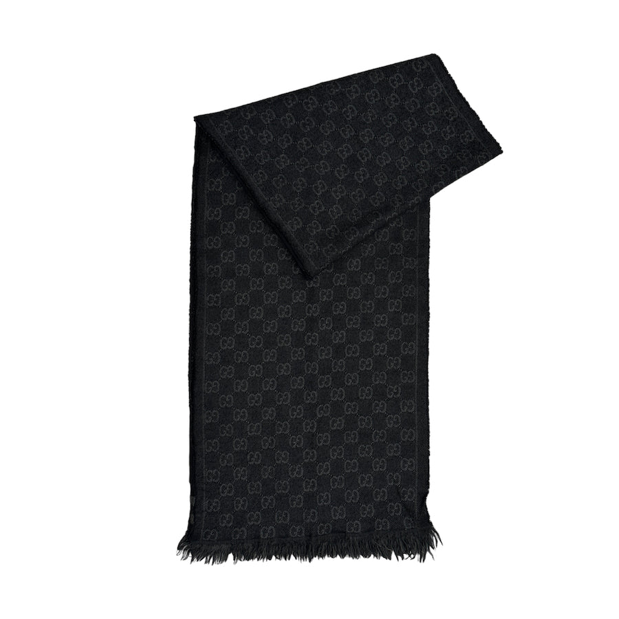 GUCCI BLACK GG MONOGRAM WOOLLEN SCARF