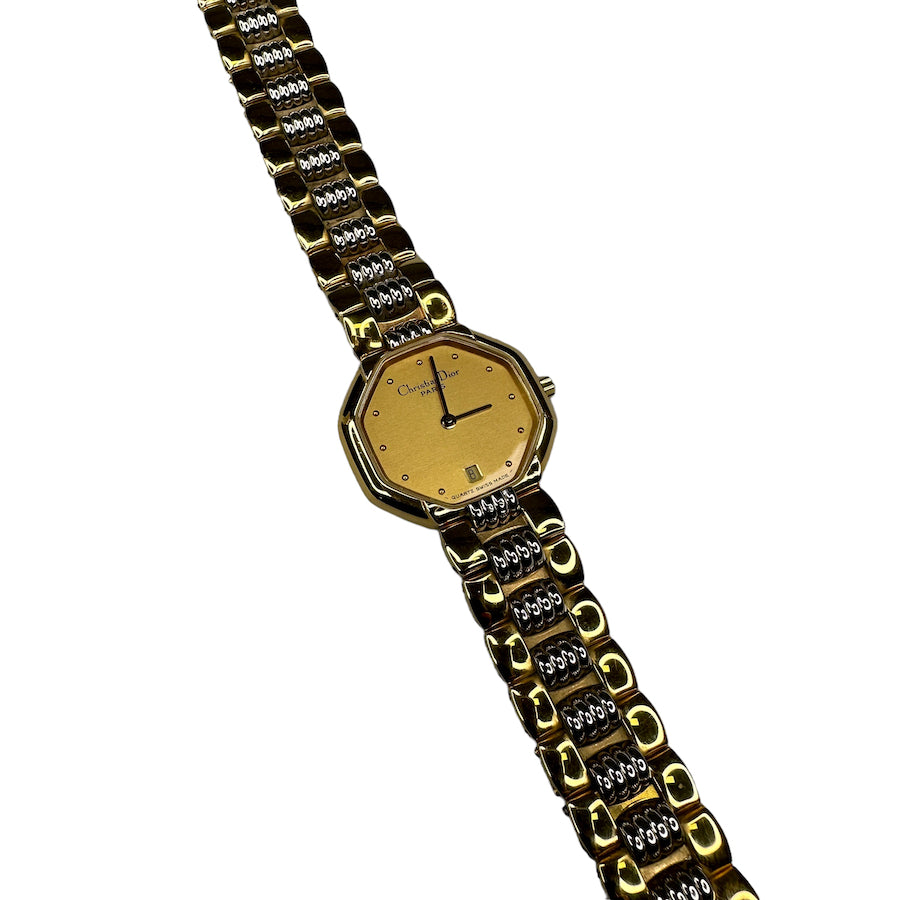 DIOR VINTAGE TWO-TONE SMALL OCTAGONAL QUARTZ WATCH (GOLD FACE)