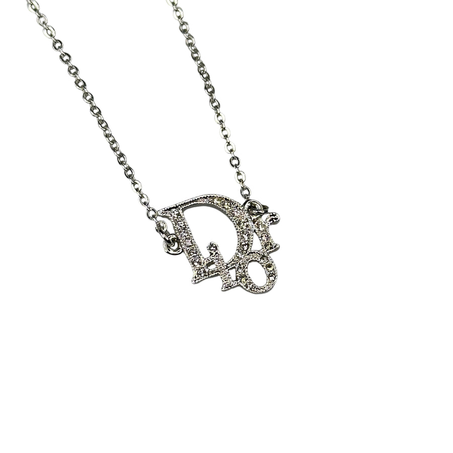 DIOR RHINESTONE OBLIQUE PENDANT NECKLACE - SILVER PLATED