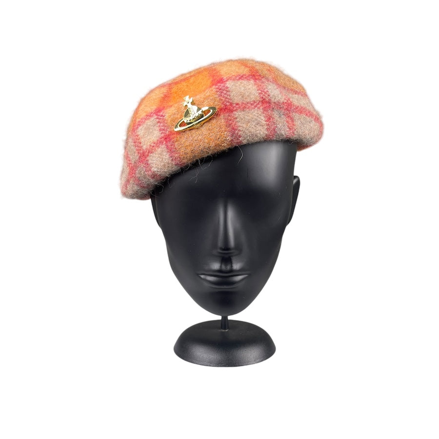 VIVIENNE WESTWOOD ORANGE PLAID FLEECE BERET