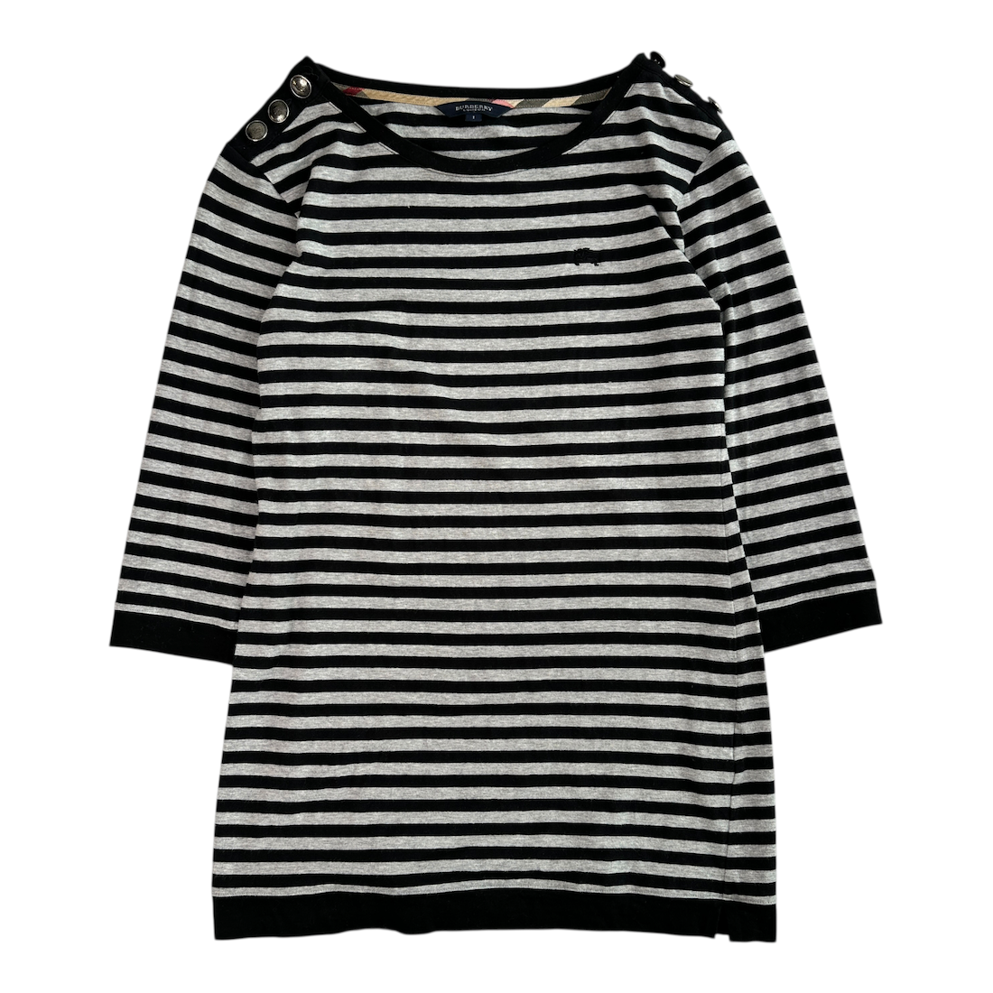 (1) BURBERRY BLACK LABEL STRIPED 3/4 SLEEVE TOP - GREY/BLACK