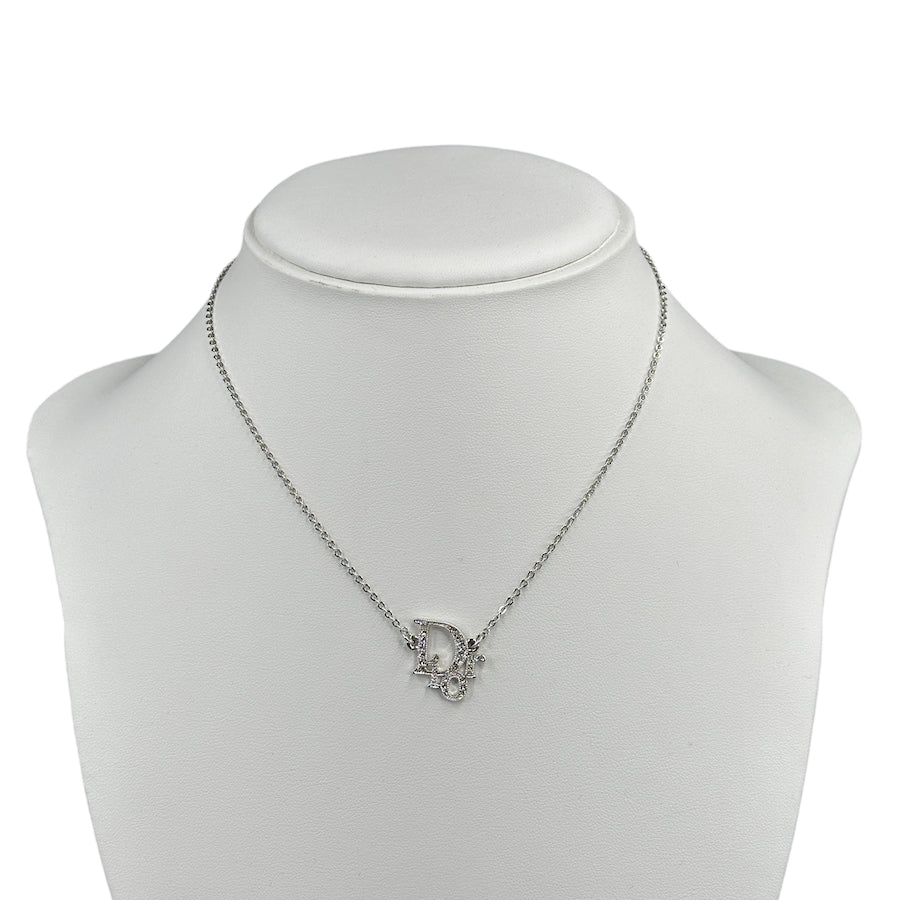 DIOR RHINESTONE OBLIQUE PENDANT NECKLACE - SILVER PLATED