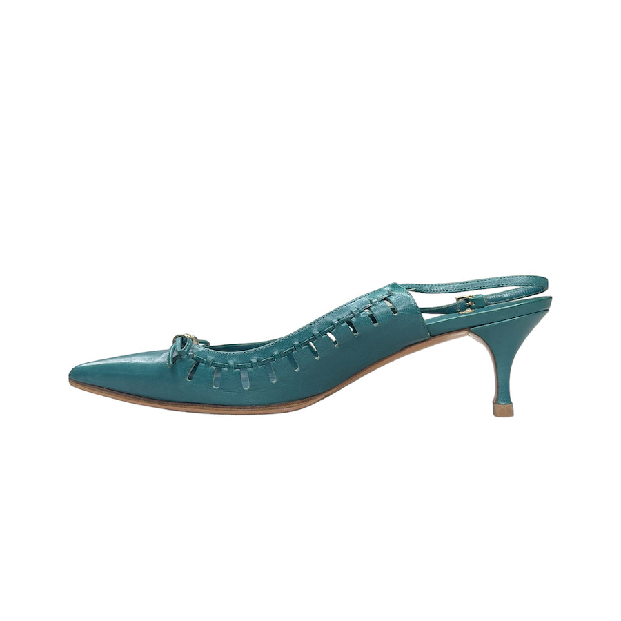 GUCCI TURQUOISE POINT TOE BAMBOO HEELS