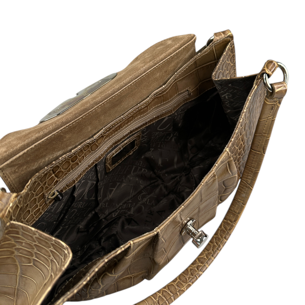 FURLA CROCODILE PRINT SHOULDER BAG - BROWN