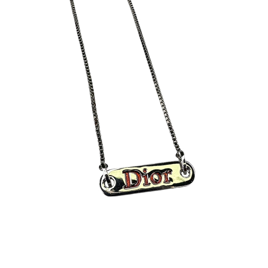 DIOR RED ENGRAVED SPELLOUT PLATE NECKLACE