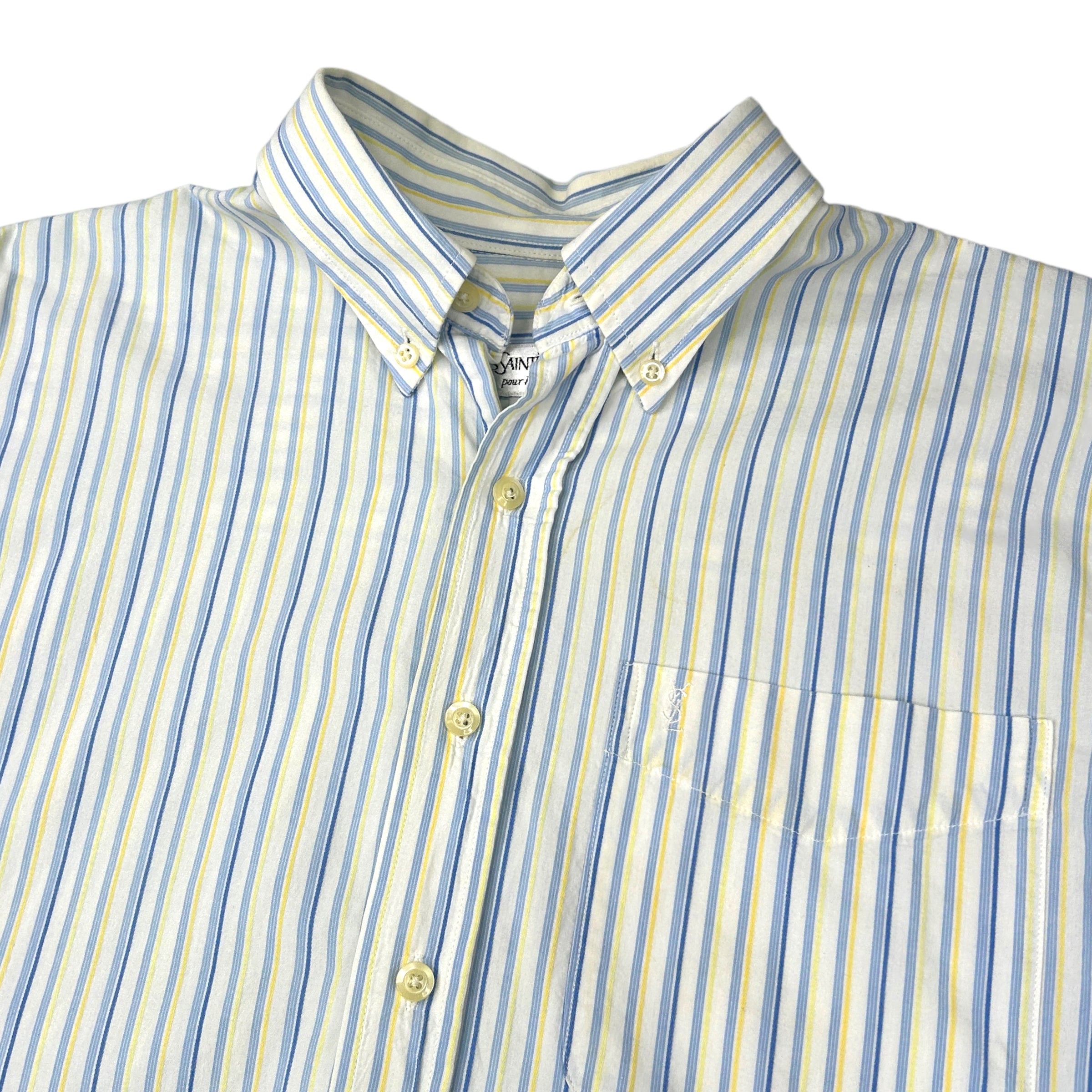 YSL BLUE/YELLOW VERTICAL STRIPED SHORT SLEEVE BUTTON UP