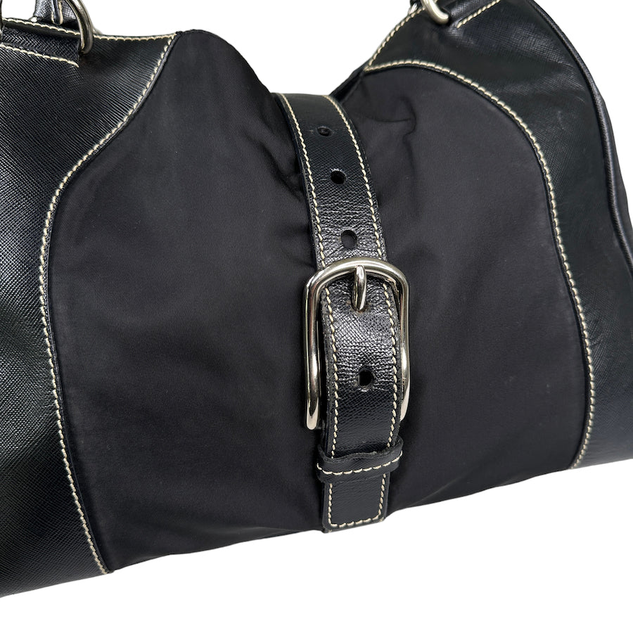 PRADA BLACK NYLON / LEATHER BELT & BUCKLE SHOULDER BAG