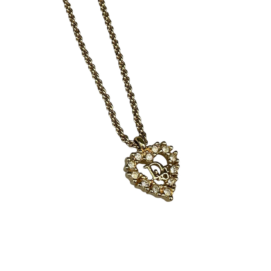 DIOR GOLD OBLIQUE LOGO & RHINESTONE HEART PENDANT NECKLACE - GOLD