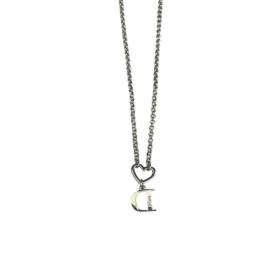 DIOR RHINESTONE & HEART CHARM SILVER-PLATED NECKLACE