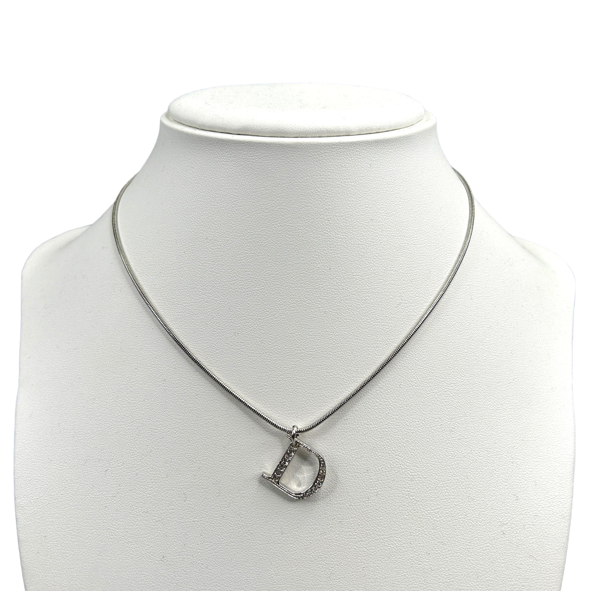 DIOR RHINESTONE D PENDANT NECKLACE SILVER PLATED