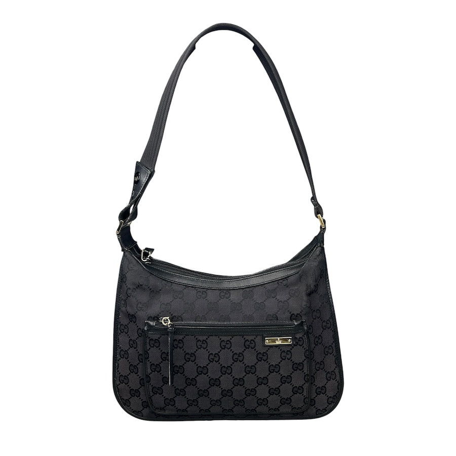 GUCCI BLACK GG CANVAS SHOULDER BAG W/GOLD HARDWARE