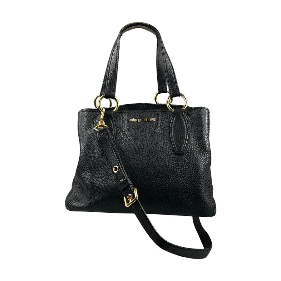 MIU MIU BLACK PEBBLED LEATHER HANDBAG W/GOLD