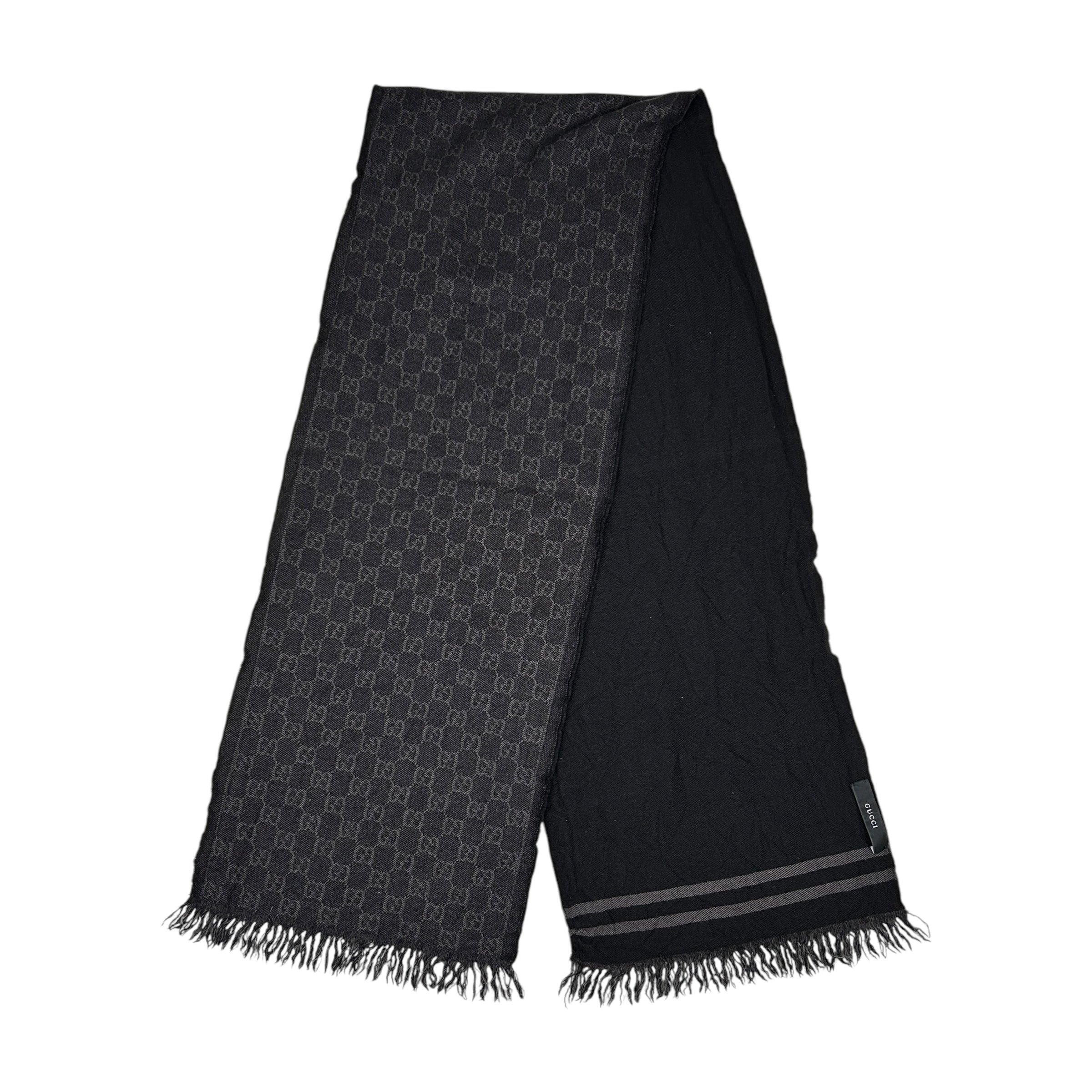 GUCCI BLACK/GREY GG MONOGRAM WOOLLEN SCARF