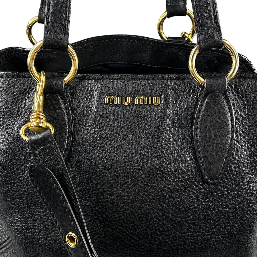 MIU MIU BLACK PEBBLED LEATHER HANDBAG W/GOLD