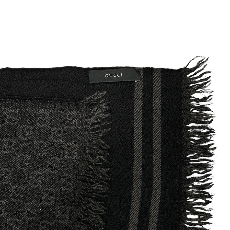 GUCCI BLACK/GREY GG MONOGRAM WOOLLEN SCARF