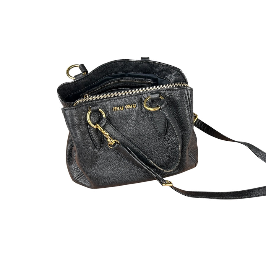 MIU MIU BLACK PEBBLED LEATHER HANDBAG W/GOLD