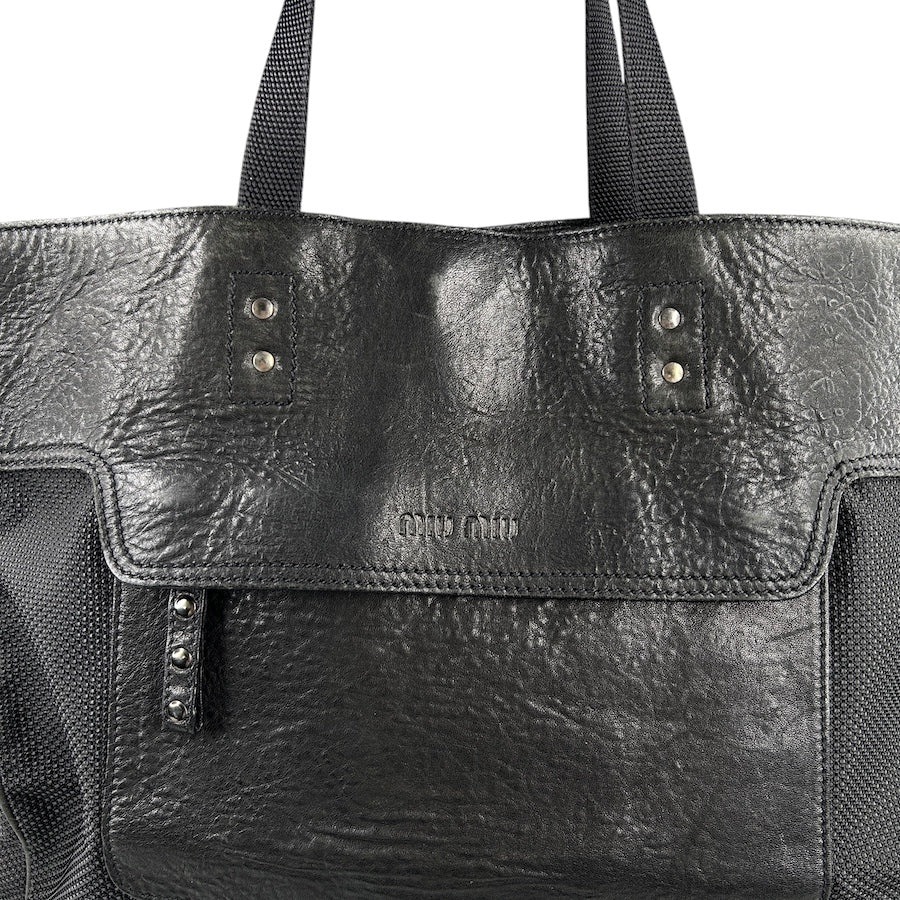 MIU MIU BLACK LEATHER & VINYL MESH TOTE BAG