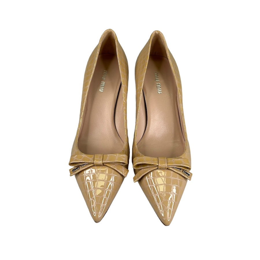 MIU MIU PATENT LEATHER CROCODILE PRINT KITTEN HEELS